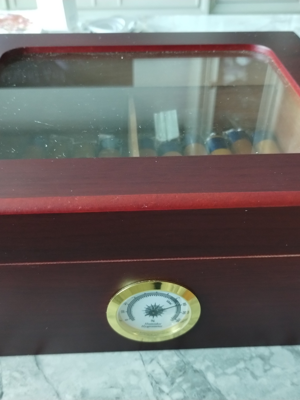 Humidor Cigar Box with Glass Top and Hygrometer - Mahogany